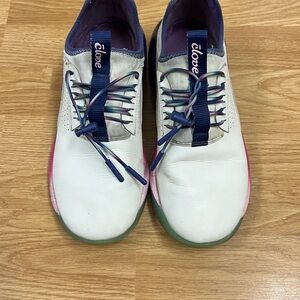 White and Blue Sneakers with Breathable Fabric and Navy Accents